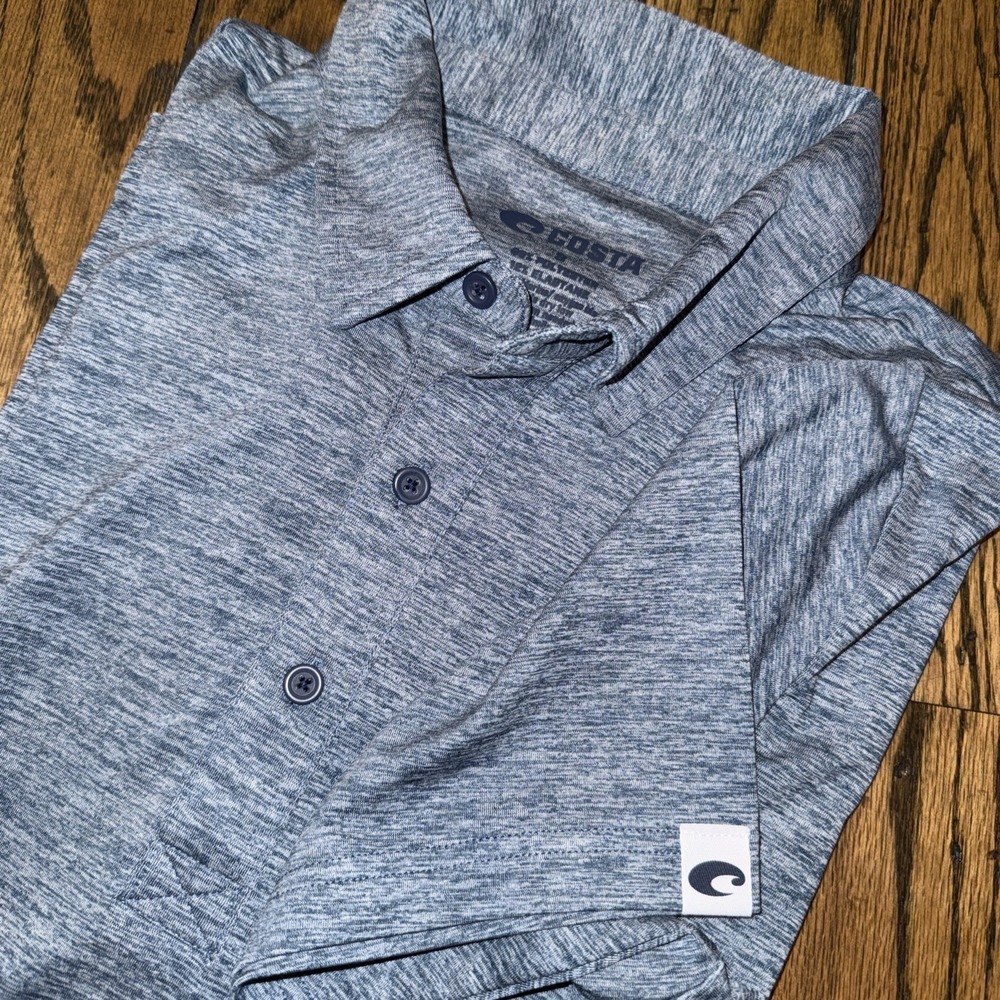 Costa Del Mar Men's Performance Polo Small Blue Heather Logo Short Sleeve Pocket